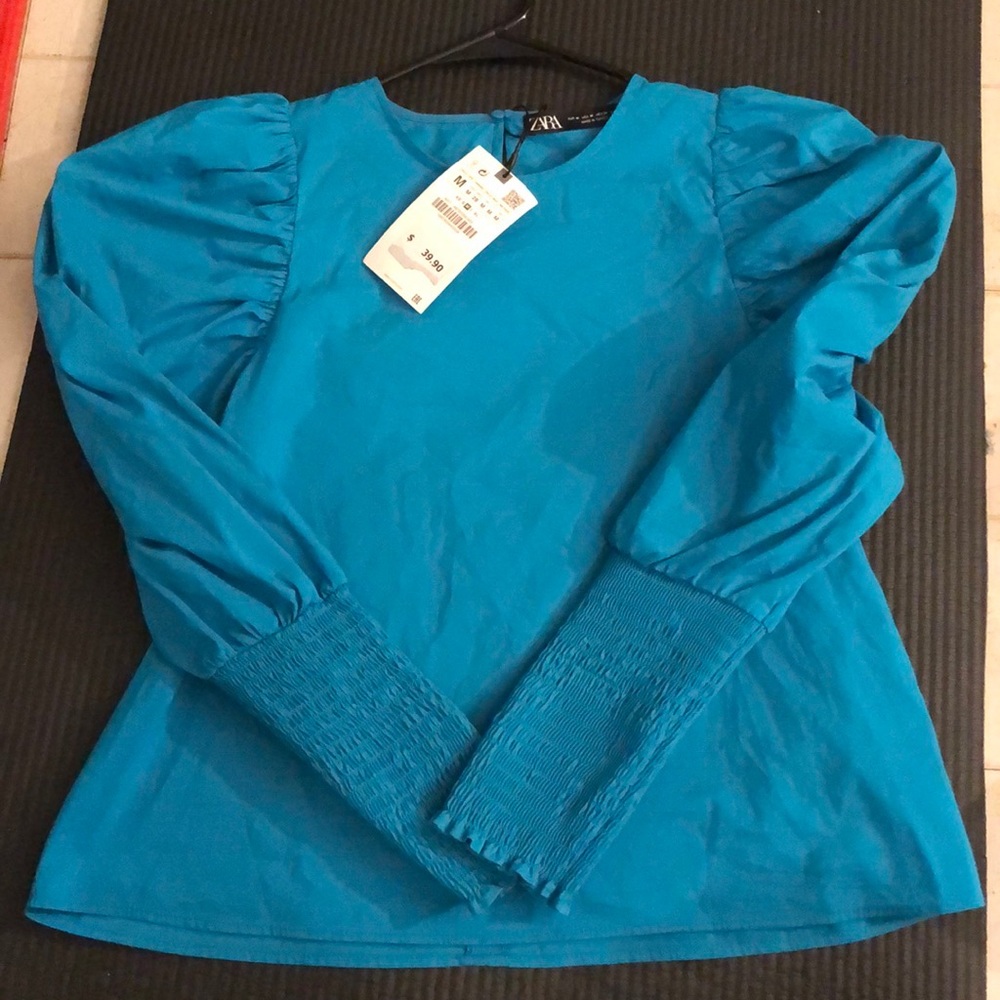 Zara teal puffy sleeve blouse
